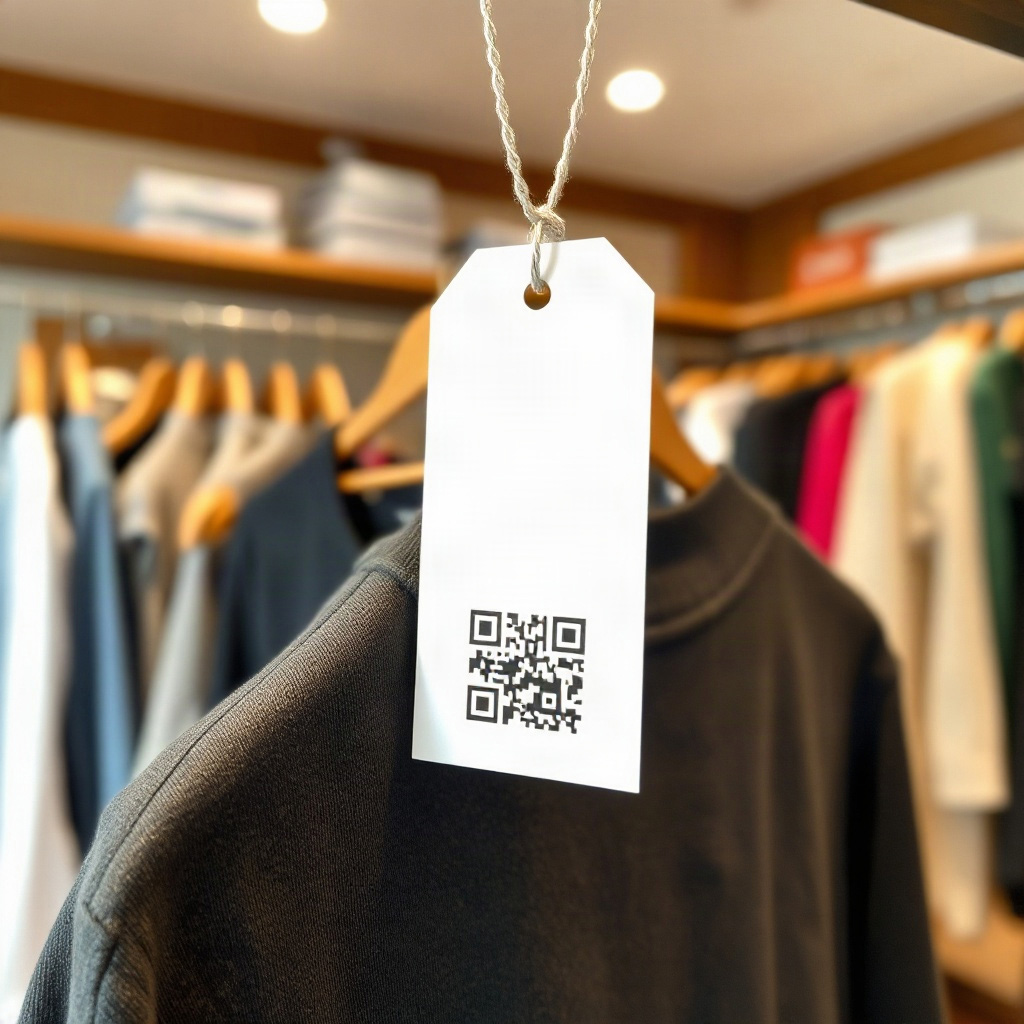 Clothing garment with a traceability QR code hang tag in a fashion boutique